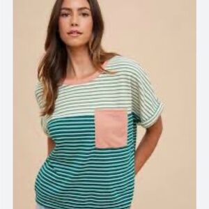 AnnieWear Terry Knit Short Sleeve Top Peacock Green Stripe pocket sz L
